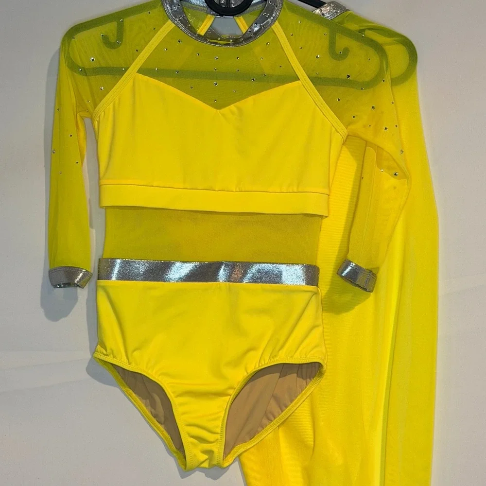 Double Platinum Kids Neon Yellow Rhinestone Dance Leotard with Skirt Size MC